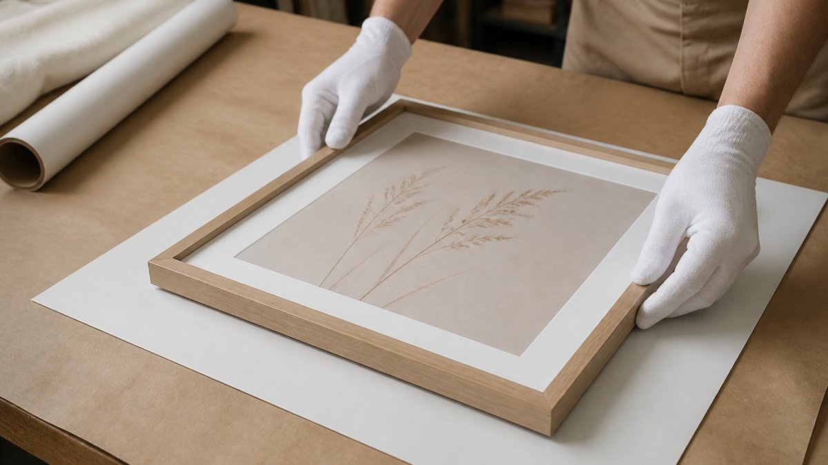 Hands wearing white cotton gloves carefully positioning a framed art print on a mounting board, showing proper grip and alignment with clean workspace