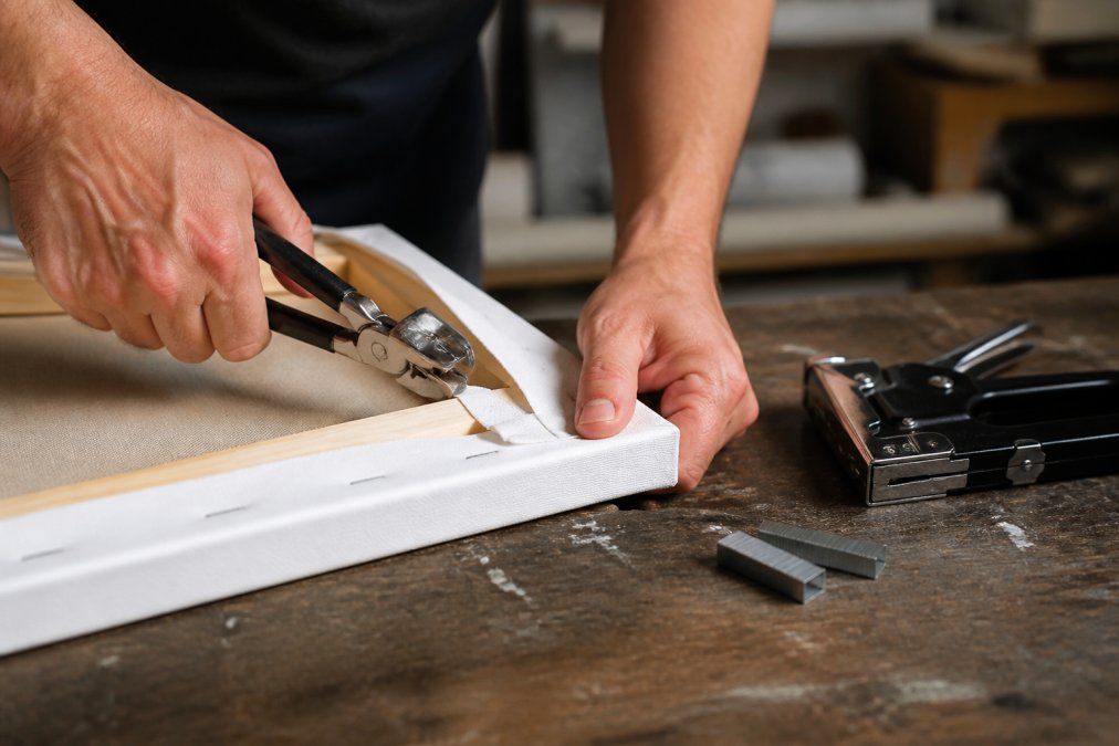 Hands using canvas pliers to pull stretched canvas over wooden frame edge while demonstrating proper tension technique, with staple gun positioned nearby on workbench with visible staples and frame assembly