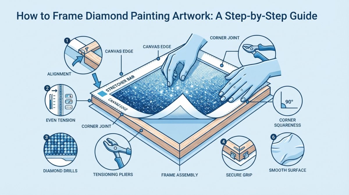 Close-up of hands carefully stretching a completed diamond painting canvas onto wooden stretcher bars, showing proper alignment and tension adjustment with even spacing