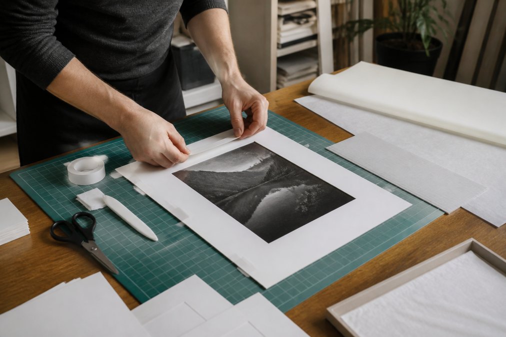 Close-up of hands carefully mounting a digital print onto acid-free mat board using hinge mounting technique, with archival materials and assembly tools visible on a clean work surface