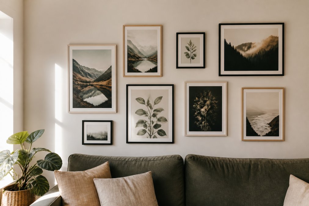 A modern living room wall displaying a gallery wall arrangement of affordable framed digital prints in various sizes and frame styles, showing how budget frames look in an actual home setting with warm natural lighting