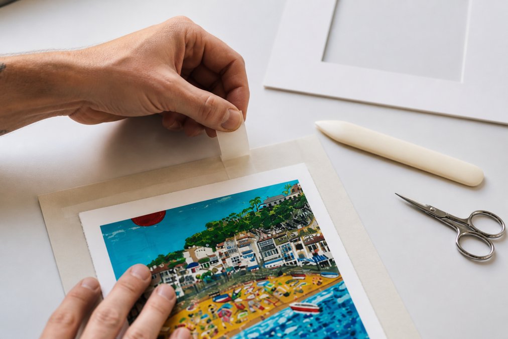 Close-up of hands carefully applying acid-free hinge tape to the back edge of a fine art print on a clean white work surface, with a mat board, bone folder, and small scissors arranged nearby under soft studio lighting