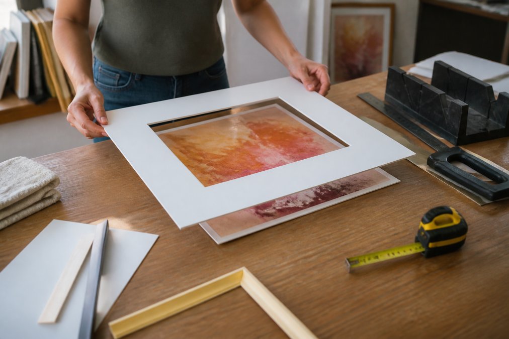 Person placing a white mat board over an abstract painting to learn how to frame original artwork as a gift.