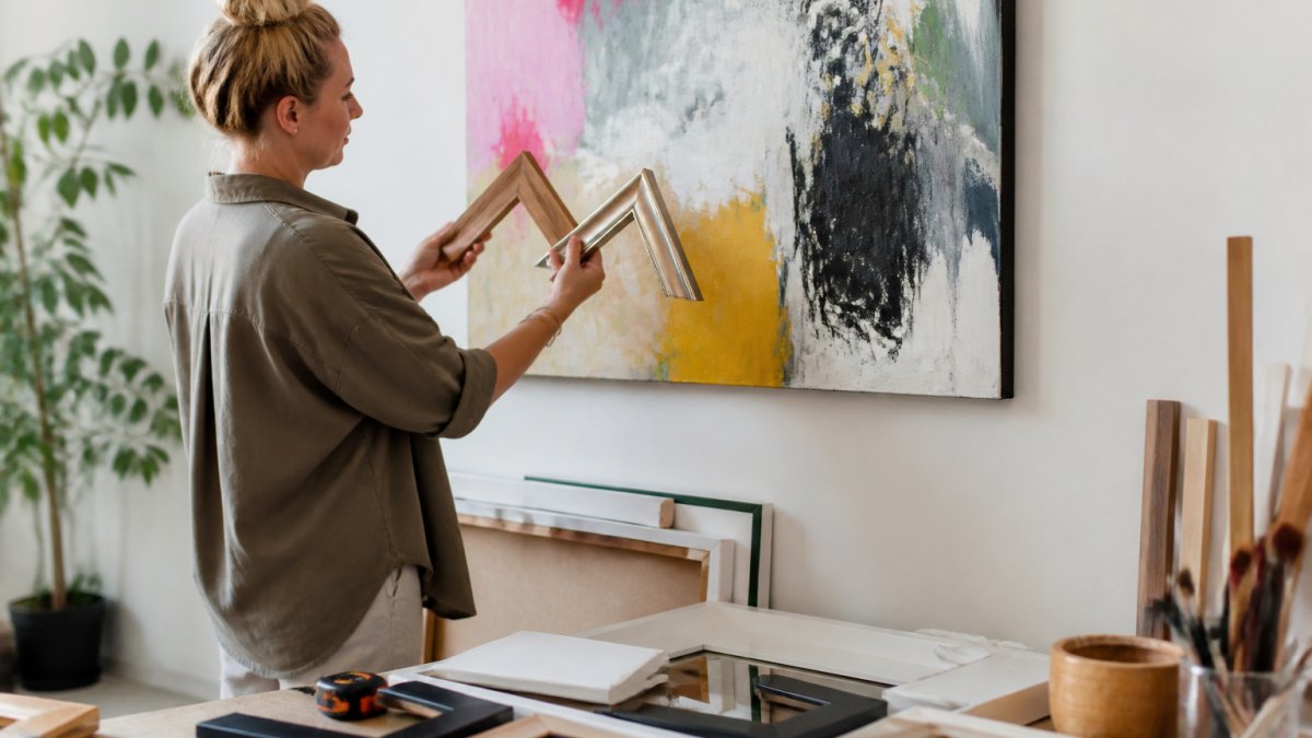 A person holding frame corner samples against an abstract painting on a wall, comparing wood and metal finishes in a bright room