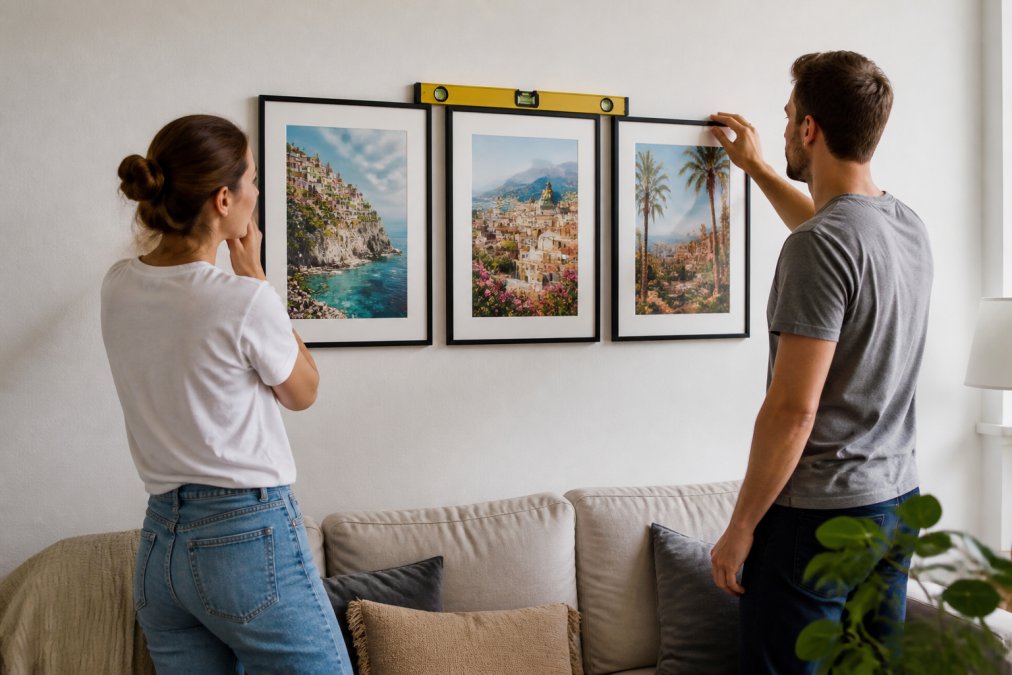 A bright living room wall with three framed travel posters arranged in a row above a sofa, showing thin black frames and a spirit level resting on the picture rail