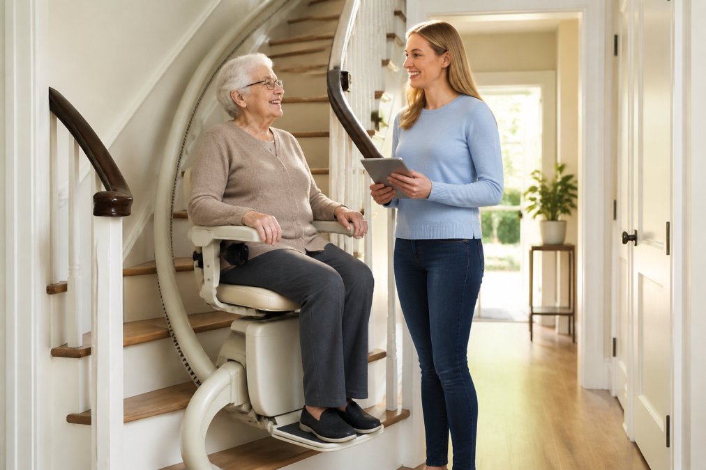 Smiling senior sitting on a stairlift while family helps fund home stairlifts with tablet research