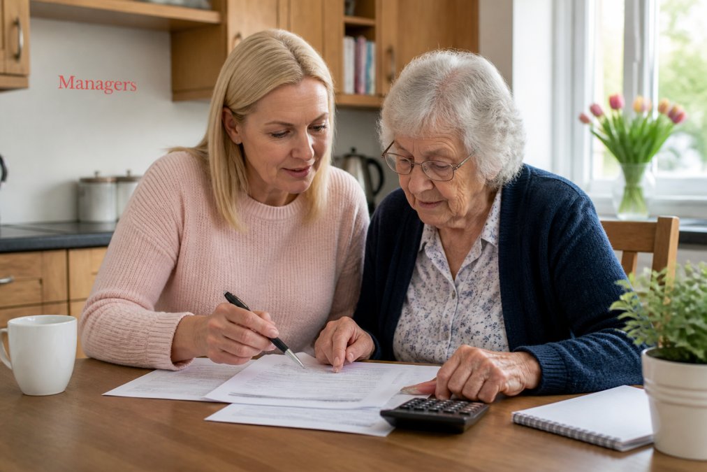 An older woman sitting at a kitchen table with her adult daughter, reviewing paperwork and a calculator together in a bright home setting