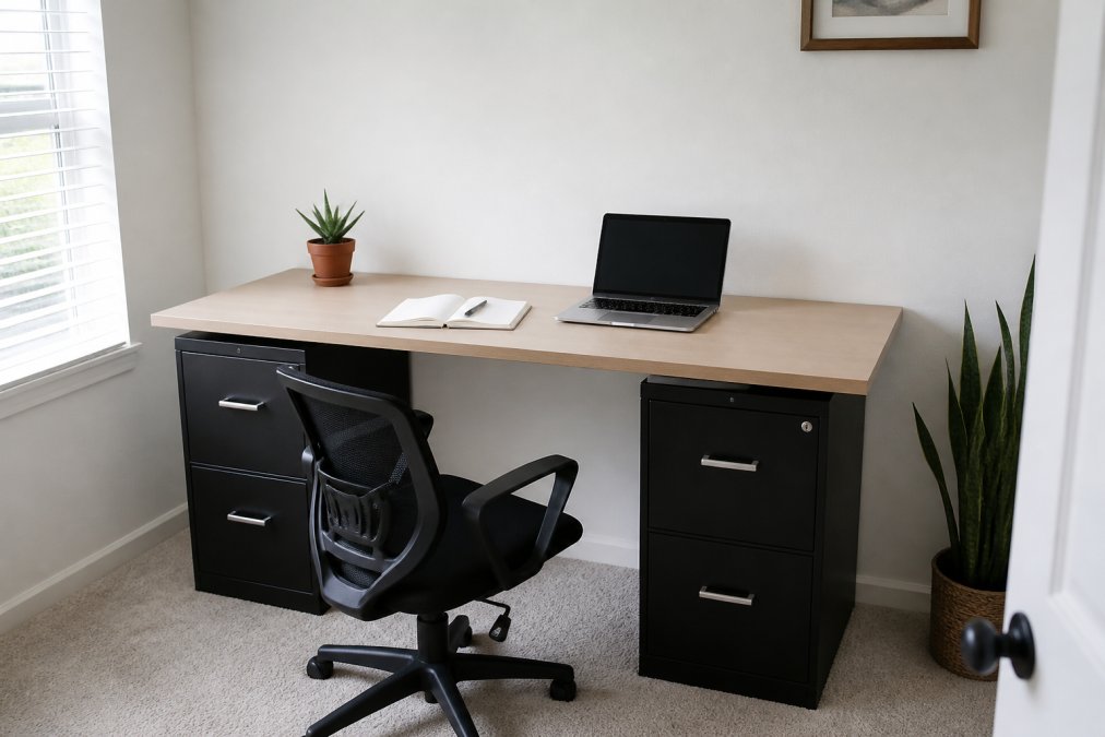 A minimalist DIY home office desk made from a hollow-core door blank resting on two matching two-drawer filing cabinets, with a small potted succulent, an open notebook, and a laptop on top, photographed in a bright small room with white walls and natural window light
