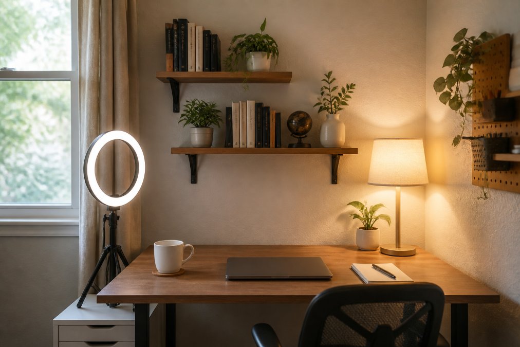 A compact home office corner with a ring light positioned to the left of a monitor, floating shelves with neatly arranged books and small potted plants visible in the video call background, warm ambient light from a desk lamp to the right, photographed in a tidy small room with soft natural light from a nearby window