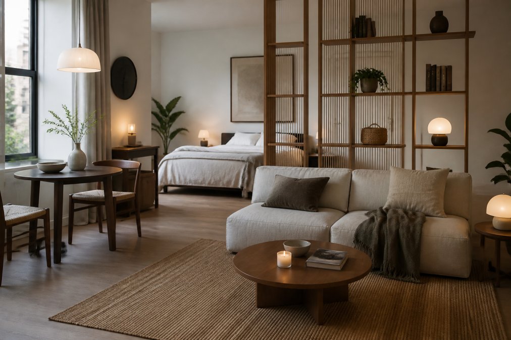 A compact studio apartment interior with a low-profile sofa on a large rug, a slim room divider separating the sleeping area, a small dining table by the window and warm accent lighting, styled in a neutral palette