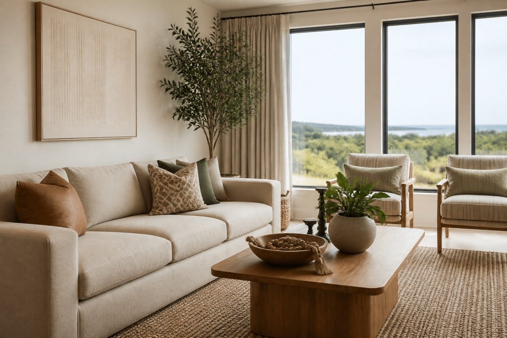 A bright, professionally styled living room in a short-term rental with natural light streaming through large windows, featuring a cohesive modern sofa, a wood coffee table, and curated decor styled for a listing photo