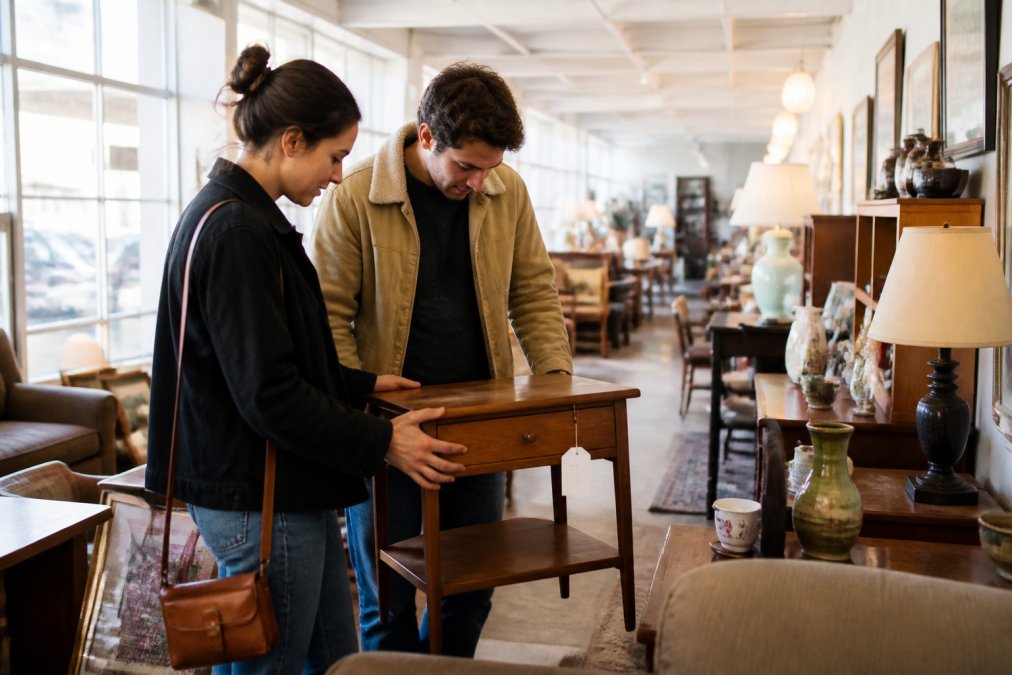 A young couple browsing a well-organized thrift store aisle, examining a wooden side table with a price tag, warm natural light coming through large windows