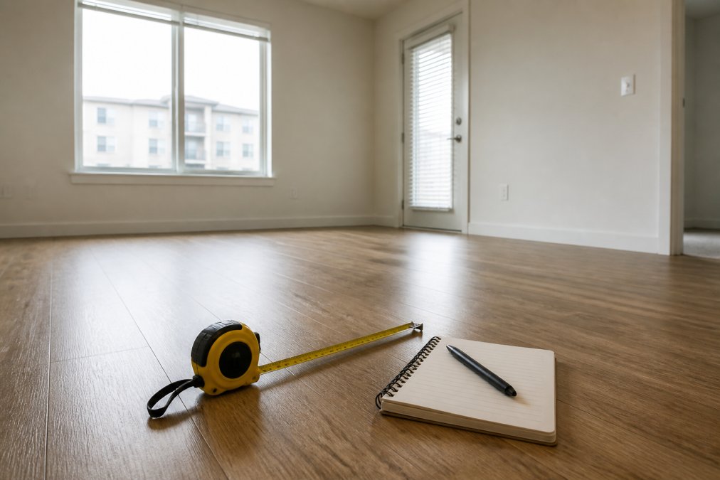 A bright, empty living room in a new apartment with a tape measure and a notepad on the floor, showing the start of the furnishing process