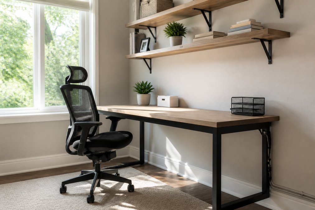 Minimalist home office workspace with desk positioned near window, ergonomic chair, floating shelves on wall, organized cable management along desk edge, natural light streaming in