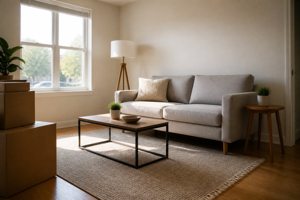 A bright, tidy first apartment living room with a minimalist sofa, floor lamp, area rug, and side table arranged neatly on move-in day, natural light streaming through a large window
