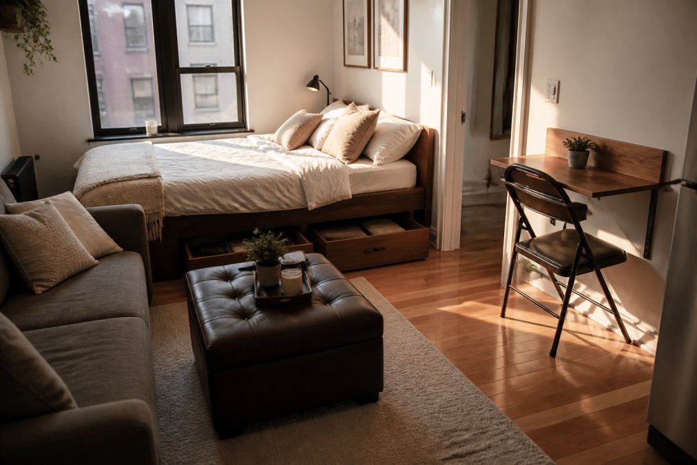 A compact studio apartment with a storage ottoman doubling as a coffee table, a bed frame with under-bed drawers, and a small dining table folded against the wall, showing a clever and uncluttered space-saving layout in warm afternoon light