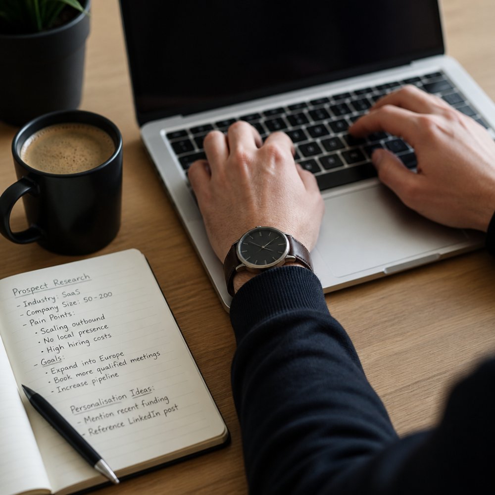 Close-up of hands typing a personalised cold email on a laptop, with a notebook showing prospect research notes and a coffee cup beside it on a clean desk