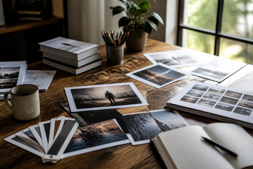 Designer's workspace with a laptop displaying a book cover in progress, printed cover samples and design references scattered across a wooden desk with natural window lighting