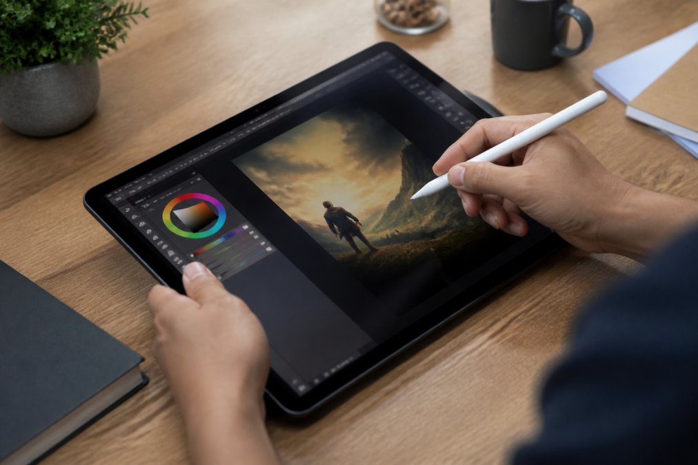 Close-up of hands using a design tool on a tablet, adjusting colors and text on a book cover mockup with design software interface visible