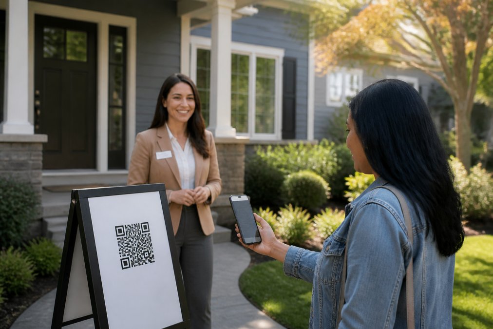 Real estate agent at an open house entrance holding a printed QR code sign on an easel, with a visitor in the background scanning the code on their smartphone