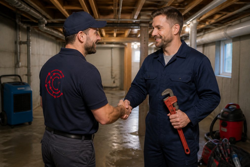 Restoration company owner shaking hands with a plumber to discuss restoration leads in a residential basement