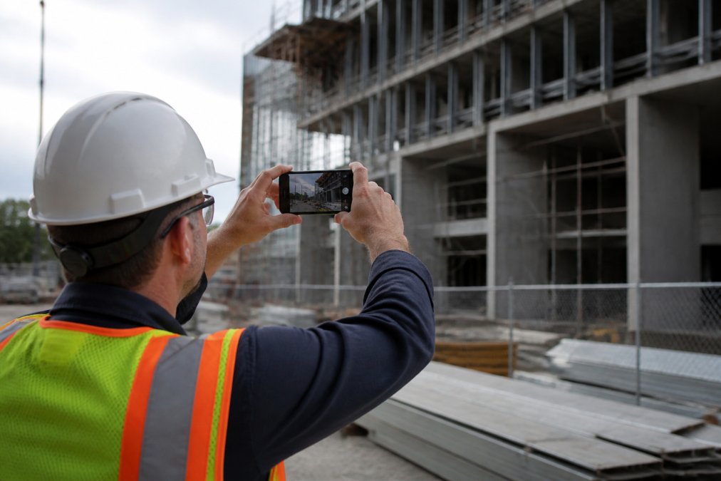 A construction field inspector in a hard hat and safety vest holding a smartphone up to photograph a building under construction, with GPS coordinates visible on the phone screen