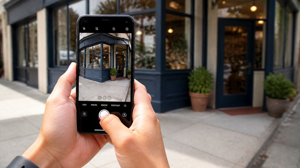 Close-up of hands holding a smartphone showing a camera app with location services enabled, with a storefront visible in the background