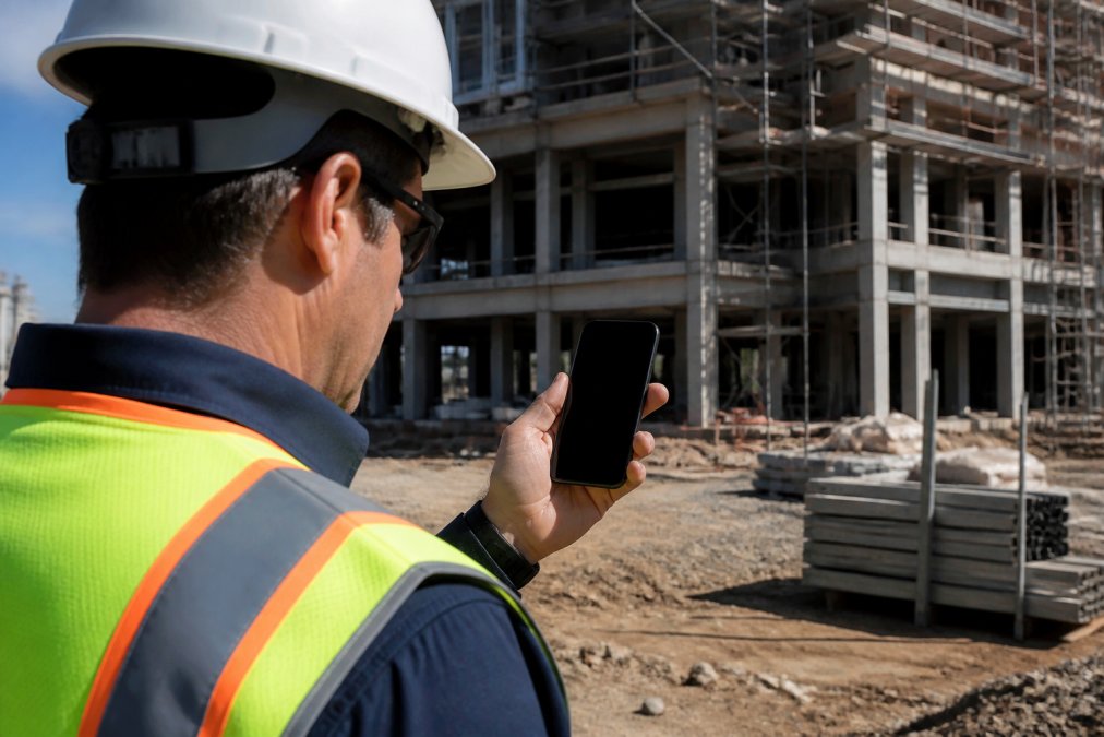 Field inspector holding an Android device with GPS location icon visible on screen, standing at a construction site with building framework and blue sky in background, demonstrating mobile geotagging in action