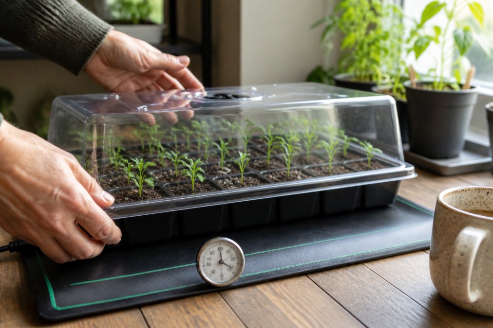 A gardener's hands checking a seedling tray on a heat mat with a humidity dome, with a small thermometer showing temperature, in a bright indoor setting