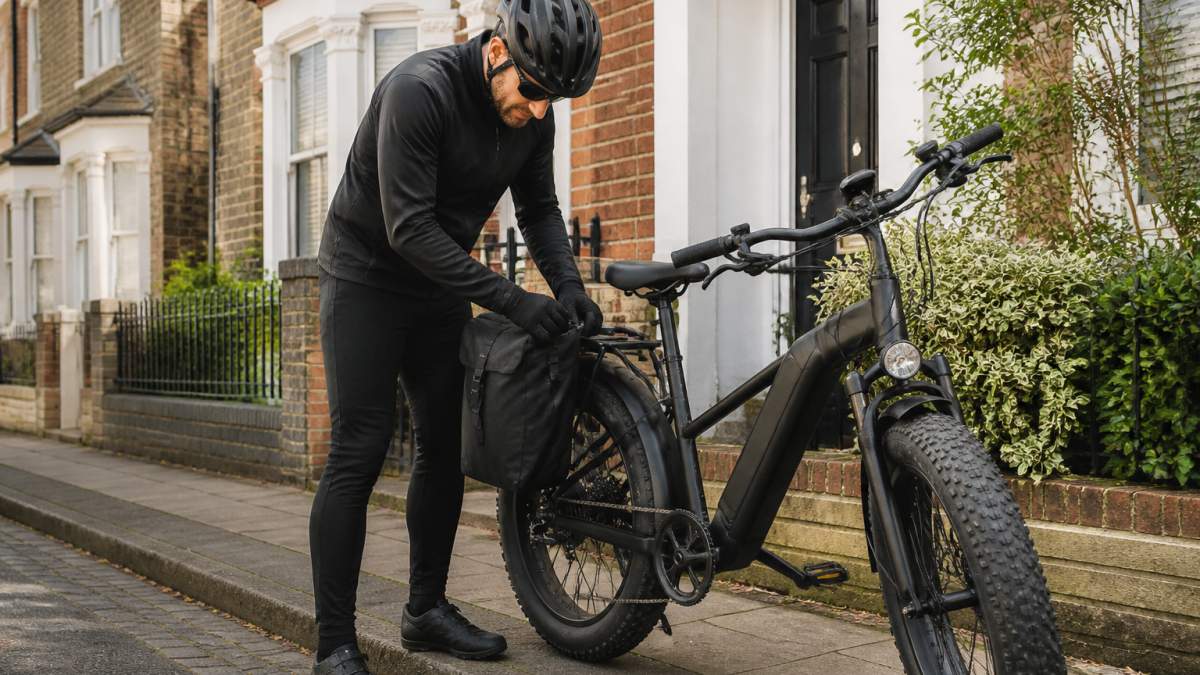 A commuter in cycling gear loading a pannier bag onto a fat tyre electric bike outside a terraced house, morning light, UK street setting