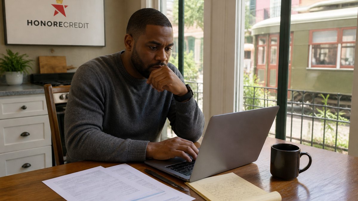 A person at a kitchen table in New Orleans reviewing credit report printouts on a laptop, with a notepad, pen, and coffee mug nearby