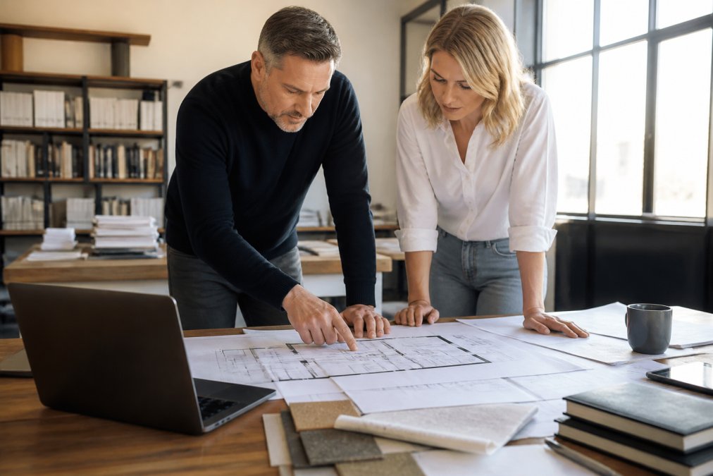 An architect and an energy consultant reviewing residential floor plans and a laptop on a desk in a bright design studio