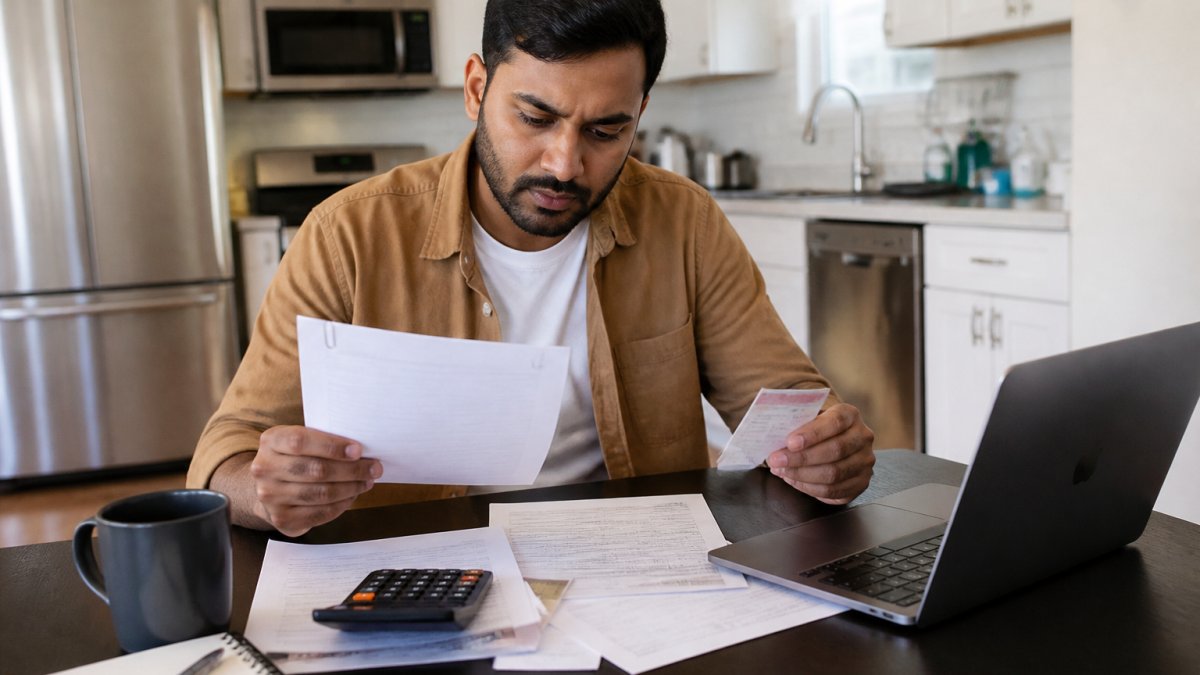 A newcomer to Canada sitting at a kitchen table with a laptop, reviewing car loan documents and a work permit, with a calculator and coffee nearby