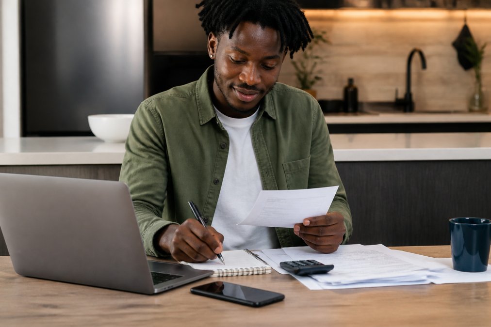 Infographic showing steps on how to get a car loan without a credit score while reviewing financial documents.