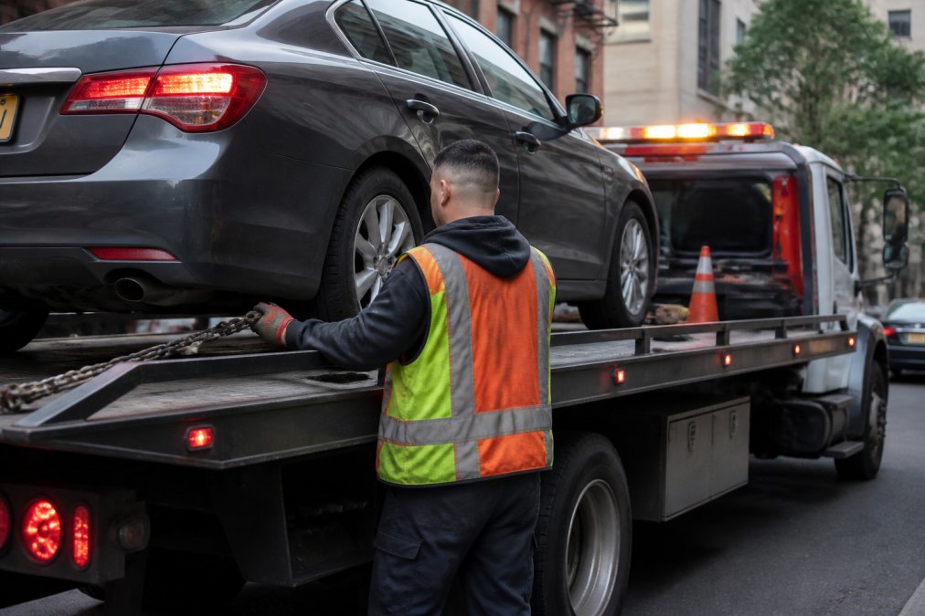 Tow truck operator securing a car towed onto a flatbed truck on a city street with hazard lights flashing