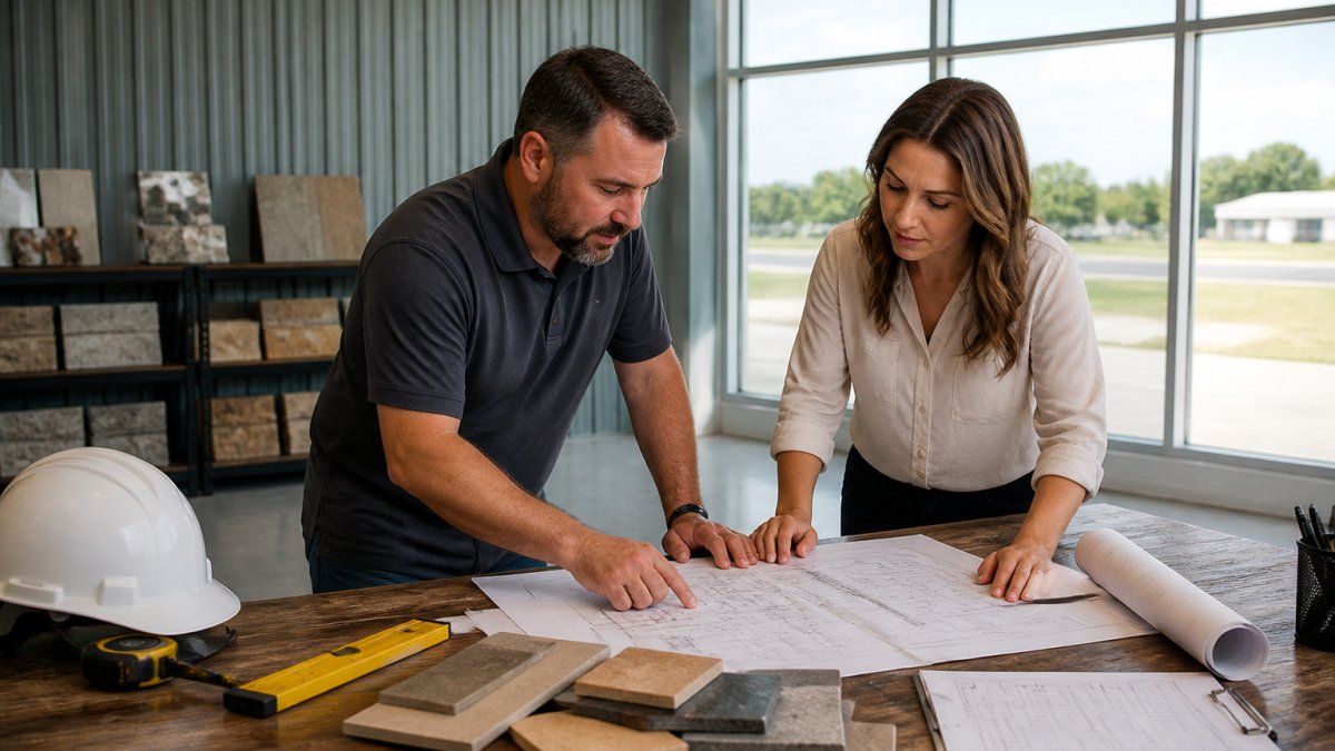 Construction professional reviewing architectural plans and project specifications with a client in a modern office setting, natural light from windows, both examining documents on desk