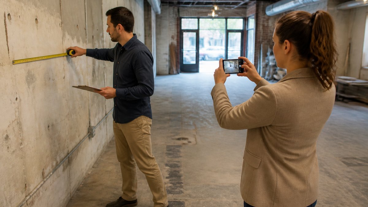 Business owner measuring and documenting a commercial retail space with a tape measure and clipboard, photographing existing conditions and taking detailed notes on layout and structural elements