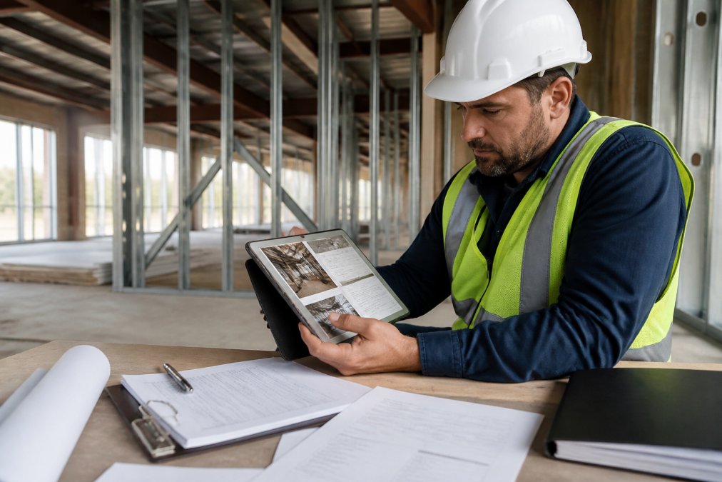 Construction site manager reviewing progress photos and lien waivers on a tablet, with a clipboard and construction loan draw schedule visible on a desk