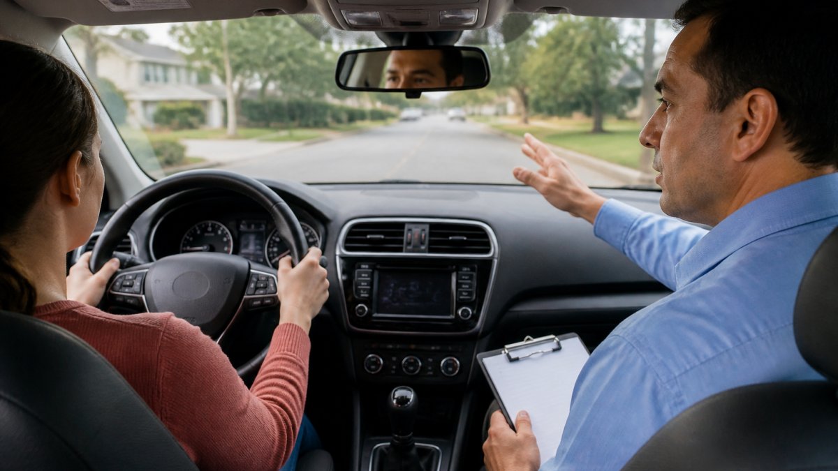 A calm, patient driving instructor sitting in the passenger seat of a sedan, gesturing toward the road while an adult student grips the steering wheel during a practice drive on a suburban street