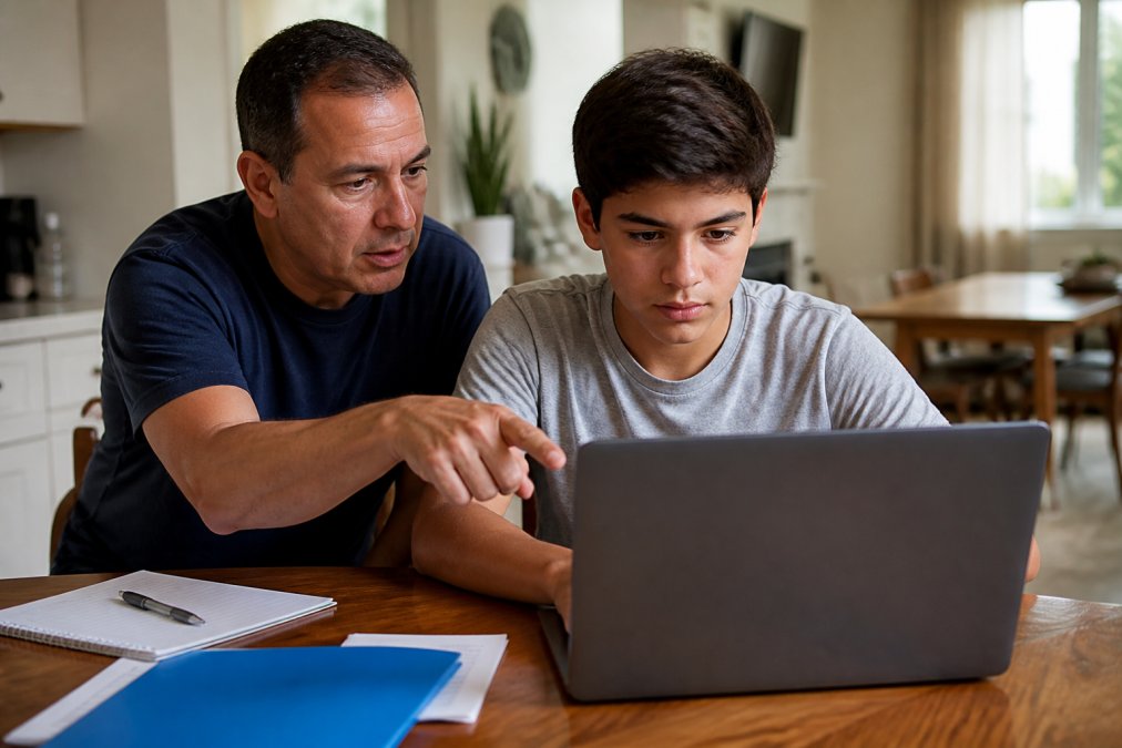 A focused teenager sitting at a desk with a laptop, reviewing a California DMV online application form, with a parent or guardian nearby pointing at the screen