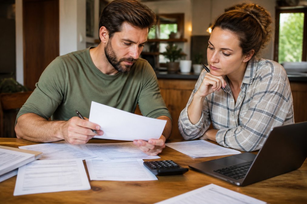 Real estate investor reviewing property documents, financial statements, and rental income records at a wooden desk with a calculator and laptop open