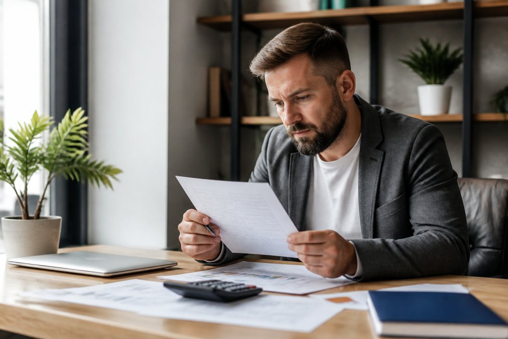 Professional reviewing credit report on computer screen in modern office with financial documents and calculator on desk, natural window lighting