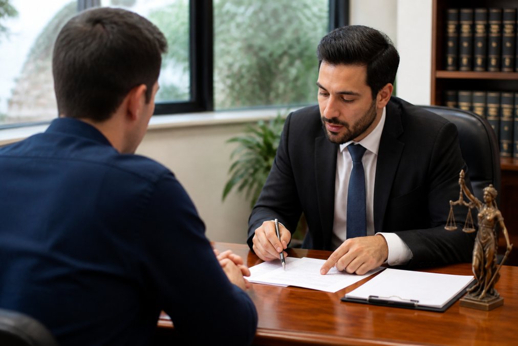 Attorney in professional attire meeting with client across a desk in a law office, reviewing documents and discussing case strategy with natural office lighting