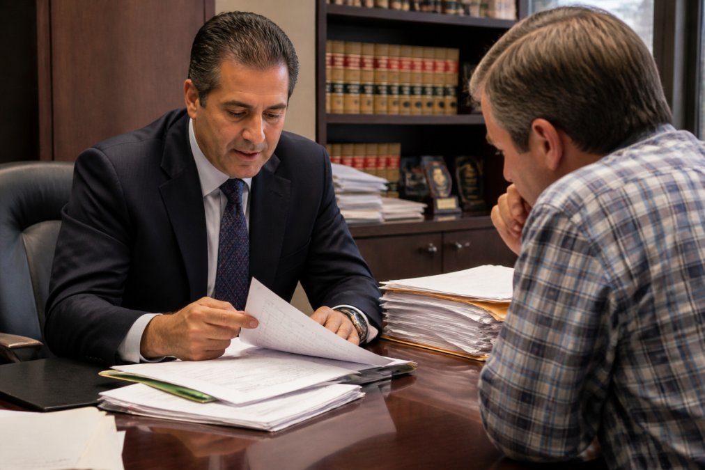 Criminal defense attorney reviewing arrest reports with a client to help get a DUI dismissed at a law office desk.