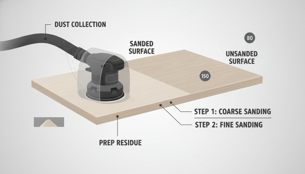 Close-up of hands using orbital sander on wooden cabinet door, showing dust collection and smooth preparation work on natural wood surface