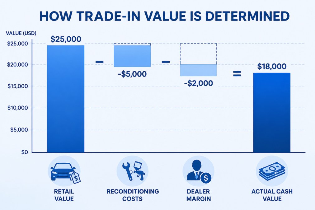 Bar chart illustrating the components of a trade-in offer, including retail value, reconditioning, and dealer margin.