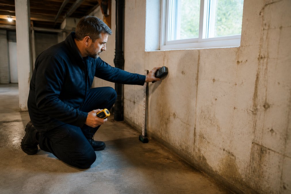 Professional surveyor examining basement walls and floor with measuring equipment and moisture detection devices, natural daylight from basement window