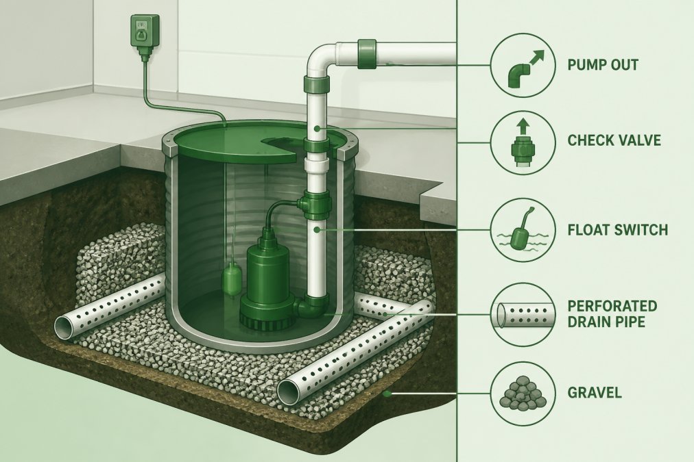 Close-up of basement sump pump installation with perforated drainage pipes and gravel, showing water collection system in residential basement