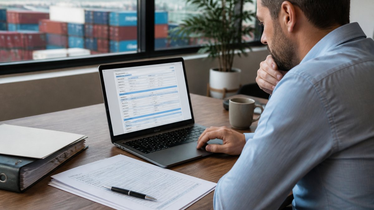 A logistics manager in a modern office reviewing a freight shipping cost calculator on a laptop screen, with shipping documents and a coffee cup on the desk