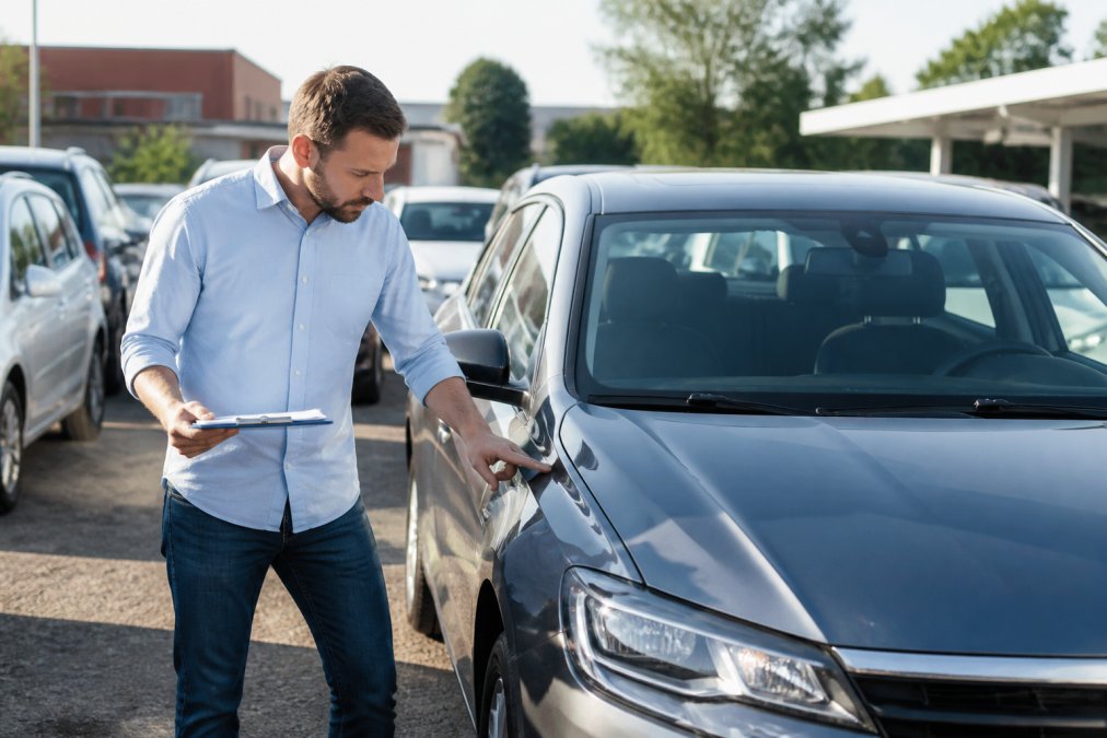A driver inspecting a clean rental car in a bright car park, walking around it methodically with a checklist on a clipboard, sunlight reflecting off the vehicle's bonnet